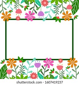 Flowers and trees on top and bottom.There is a green border for writing the text in the middle.