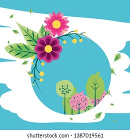 flowers with trees plants in frame circular