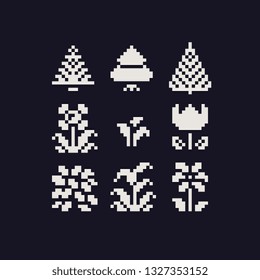 Flowers trees and plants pixel art icons set, sticker design pack. Spruce, red flower, leaves and bushes. Design for logo stamp, web, app, badges and patches. Isolated 1-bit vector illustration.