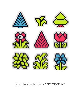 Flowers trees and plants pixel art icons set,  sticker design pack. Spruce, red flower, leaves and bushes. Design for logo game, web, mobile app, badges and patches. Isolated 8-bit vector illustration