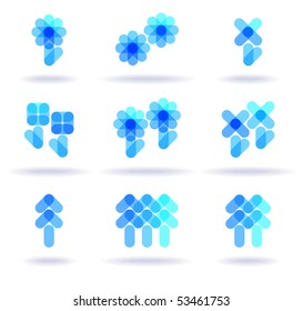 Flowers and trees, set of nine blue symbols, vector illustration