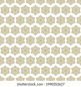 Flowers, triangle and circles in gold on white background - Rangoli or Paisley vector line art in seamless pattern, for wear fabric, apparel textile, garment, wrapping, phone case.