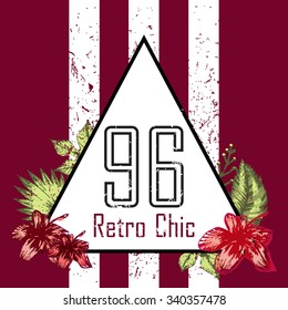 Flowers triangle print and slogan isolated on maroon background