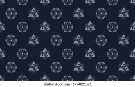 Flowers and triangles in dark and light blue on indigo blue background - Indian Cultural Rangoli vector line art in seamless pattern, for fabric, apparel textile, wrapping paper garment, phone case.