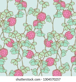 Flowers of trifolium repens or pink clover. St. Patrick's day festive seamless pattern. EPS 10 vector illustration