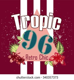 Flowers tropic triangle print and slogan isolated on maroon background