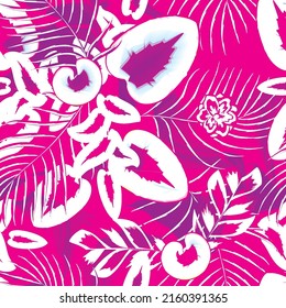 Flowers and tropical leaves in artistic monochrome living pink color. Summer seamless vector beach wallpaper on abstract background. Monochromatic stylish floral pattern tropic. Summer design