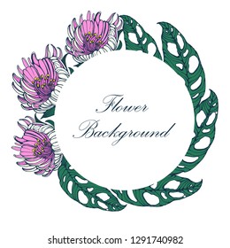 flowers and tropical leaves background circle, hand drawing, vector illustration, color