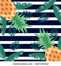 flowers tropical leaves fruits pineapple stripes dark background vector illustration