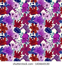 flowers and tropical palm leaves seamless floral pattern hand drawn flowers