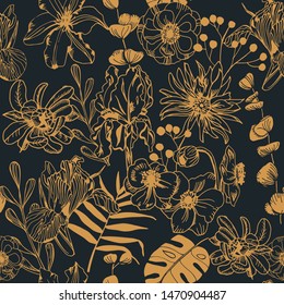 flowers and tropical palm leaves seamless floral pattern hand drawn flowers