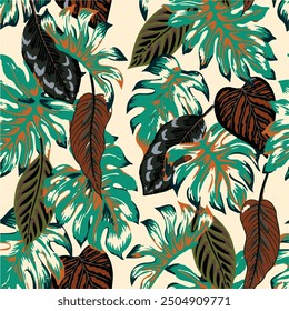  flowers tropical palm monstera leaves wallpaper Hawaiian style vector floral seamless pattern