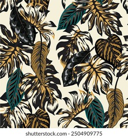  flowers tropical palm monstera leaves wallpaper Hawaiian style vector floral seamless pattern