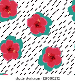 Flowers tropical seamless pattern. Hibiscus flower on a white background.