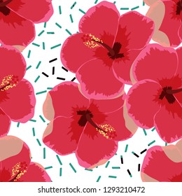 Flowers tropical seamless pattern. Hibiscus flower on a white background.