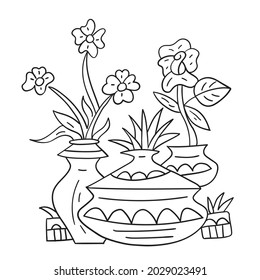 Flowers in tubs Coloring book for kids Vector illustration