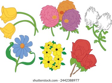 Flowers Tulip Geranium Dandelion Daisy Black-Eyed Susan Rose Vector Pack