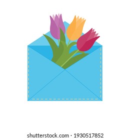 Flowers tulips in an envelope, isolated vector illustration icon, design