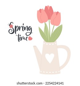 Flowers tulips in garden watering can. Spring time card with spring bouquet. Vector illustration in flat style