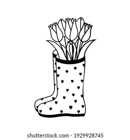 Blumen-Tulpen auf Kautschukstiefel, Kontur-Färbung einzeln auf Vektorgrafik-Symbol, Design