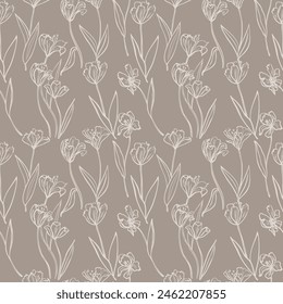 Flowers of tulips in seamless pattern hand drawn vector illustration. Repeating grey background with bouquets, branches, leaves, plants, floret motive. Design for textile, print, wrapping, paper, card