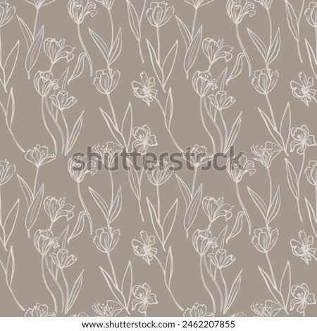 Flowers of tulips in seamless pattern hand drawn vector illustration. Repeating grey background with bouquets, branches, leaves, plants, floret motive. Design for textile, print, wrapping, paper, card