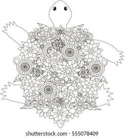 Flowers turtle coloring page anti-stress stock vector illustration