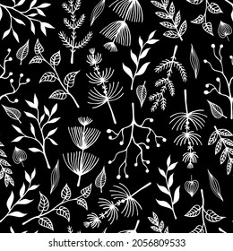 Flores, ramitas, hierbas sin costura vectorial. Elementos botánicos blancos sobre un fondo negro. Esbozos dibujados a mano. Concepto monocromo para decoración, diseño textil, impresión, tela, embalaje.