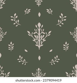 Flowers with twigs and leaves, branches and foliage. Botanic motif or design with floral elements and decoration for fabric. Seamless pattern, wallpaper or background print. Vector in flat style