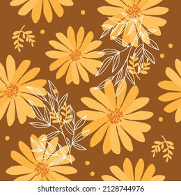 flowers and twigs on a brown background. seamless vector pattern with flowers. vegetable background.