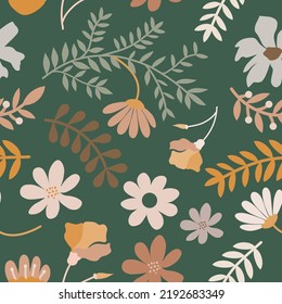 Flowers and twigs repeat seamless pattern background texture on dark green background