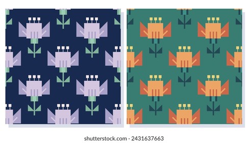 Flowers Two vector seamless patterns with stylized orange and lilac flowers