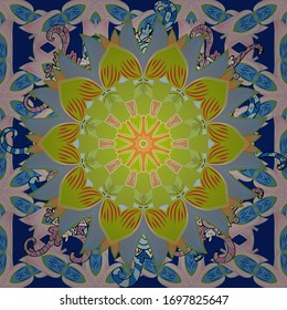 Flowers of the valley on green, neutral and blue colors. Seamless background pattern. Watercolor, hand drawn. Vector - stock.