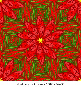 Flowers of the valley on red, green and black colors. Illustration of floral seamless pattern.