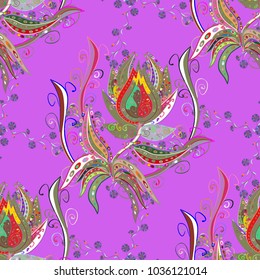 Flowers of the valley on violet, brown and neutral colors. Watercolor, hand drawn. Seamless background pattern. Vector - stock.