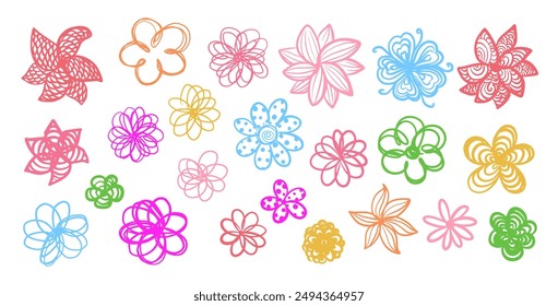 Flowers variety hand drawn doodle illustration set. Minimal floral patterns linear objects on white background. Childlike line art design