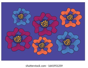 Flowers in various colours on  bluish background. 
