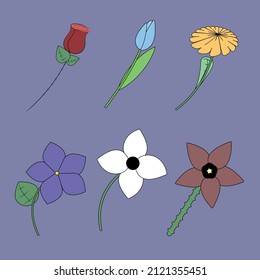 flores de varios tipos sobre un fondo azul oscuro ilustración vectorial tulipán rosa violeta