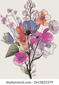 Flowers in various vibrant colors, pink, purple, blue, orange, blue, orange and white tones create a natural bouquet atmosphere