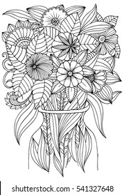 Flowers In Vase For Art Therapy Coloring Book.