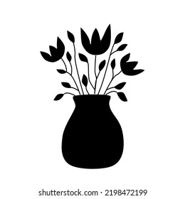 Flowers in a vase in black silhouette isolated on white background vector illustration. Bouquet of blooming tulips for interior decoration. Birthday gift. Simple hand drawn clipart design element.