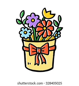 Flowers in vase with bow. Cartoon vector illustration isolated on white background.