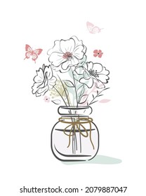 Flowers in a vase and butterflies - simple black linear contour doodle drawing. Jar with a bouquet. Vector modern art illustration isolated on white background.
