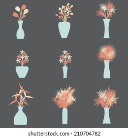 Flowers in Vase Collection, Different Kinds of Flower Vases. Vector Illustration.