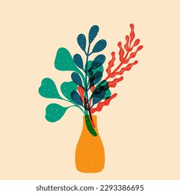 Flowers in a vase. Colorful cute screen printing effect. Riso print effect. Vector illustration. Graphic element  for fabric, textile, clothing, wrapping paper, wallpaper, poster. 