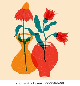 Flowers in a vase. Colorful cute screen printing effect. Riso print effect. Vector illustration. Graphic element  for fabric, textile, clothing, wrapping paper, wallpaper, poster. 