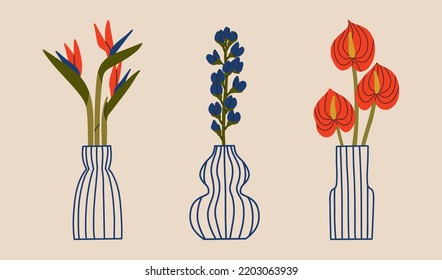 Flores en una Vase. Ilustraciones coloridas de vectores planos