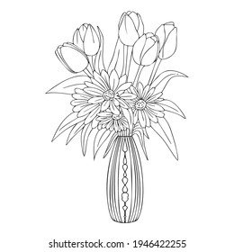 Flowers in a vase coloring book anti stress. Vase with a bouquet of flowers for adults to decorate isolated on a white background.