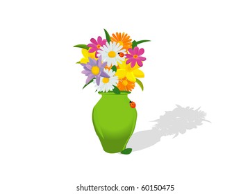 flowers and vase composition, isolated on white; abstract art illustration