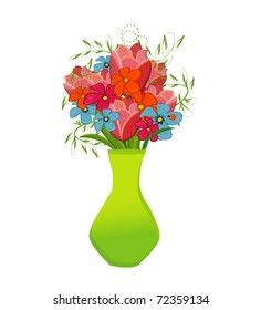 flowers and vase composition, isolated on white; abstract art illustration